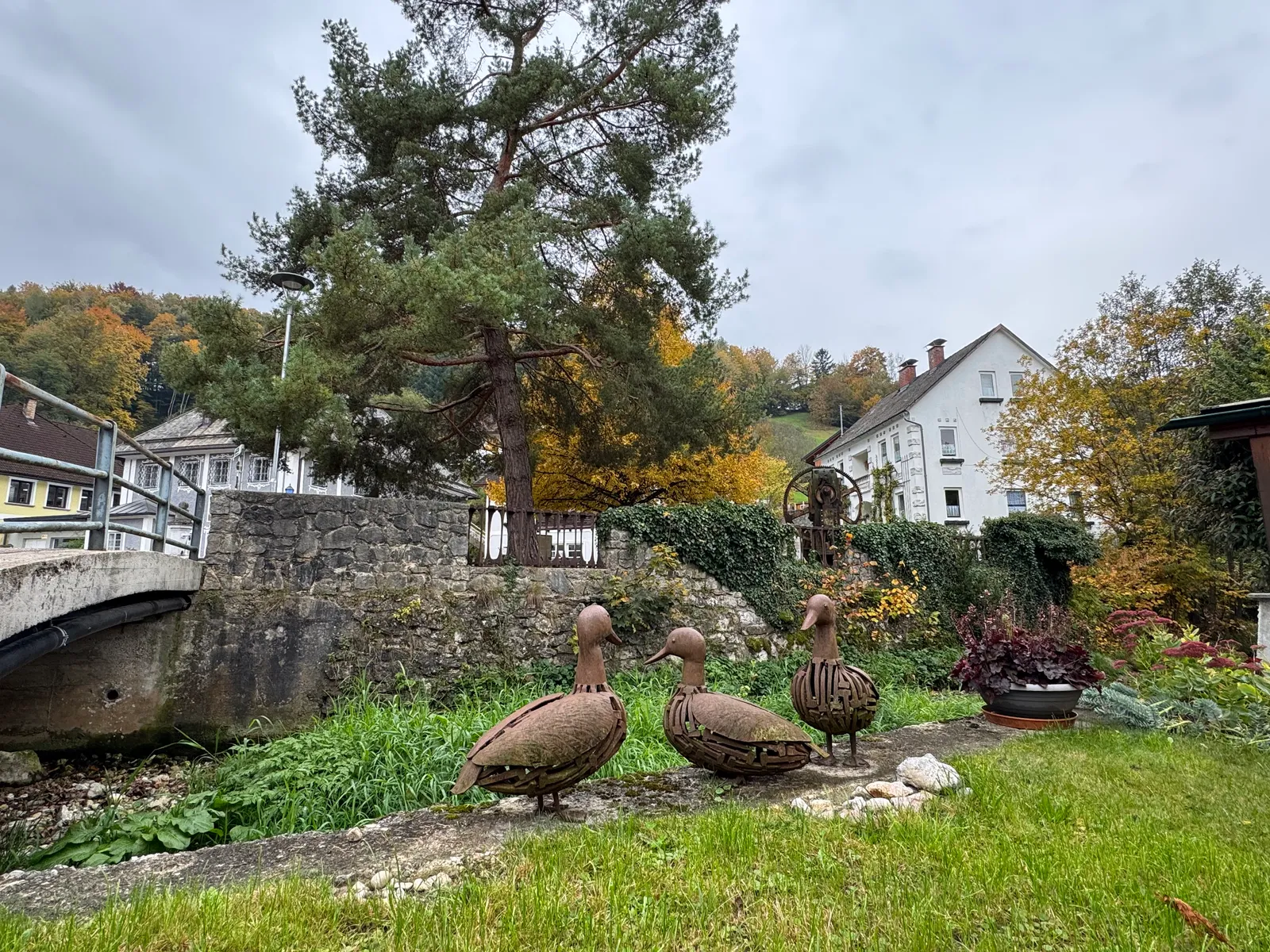 Drei rostige Enten-Skulpturen aus Eisen auf einem Rasen, dahinter eine Steinmauer und Herbstbäume in Ybbsitz.