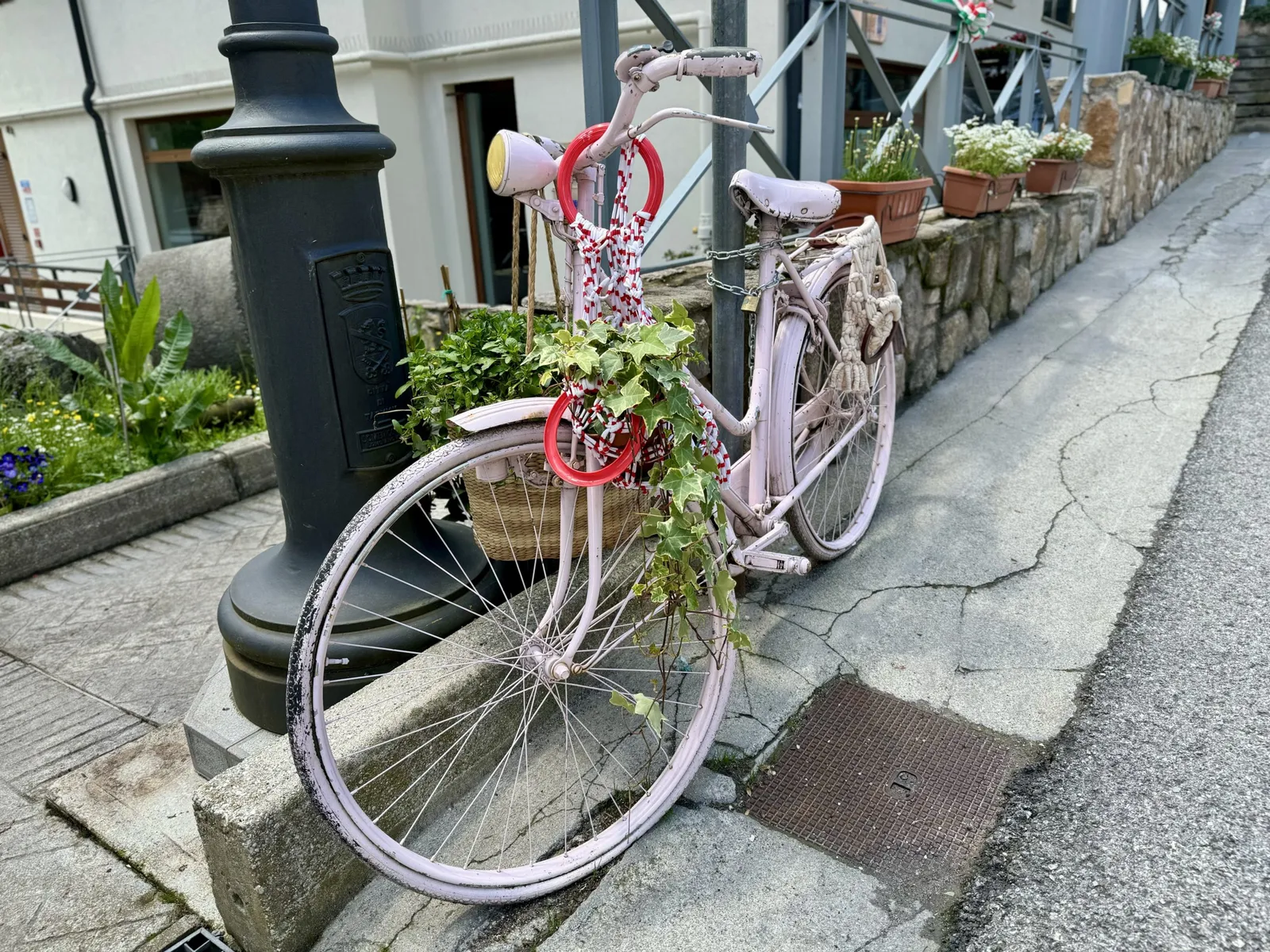 Rosa Vintage-Fahrrad mit Bepflanzung an einen Laternenmast gelehnt in Tarvisio.
