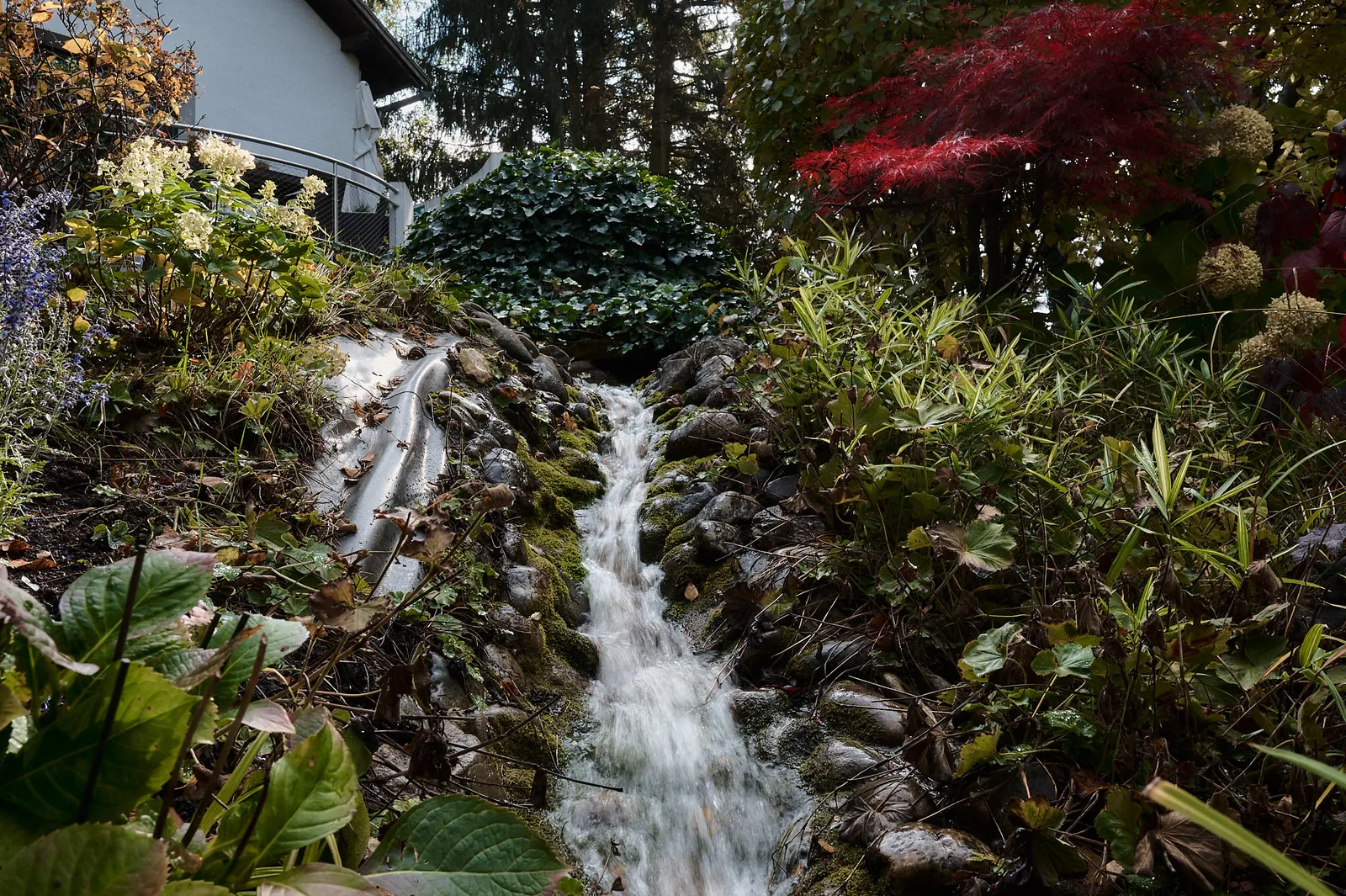 Kleiner Wasserfall im Hochzeitsgarten vom Gasthaus Krone