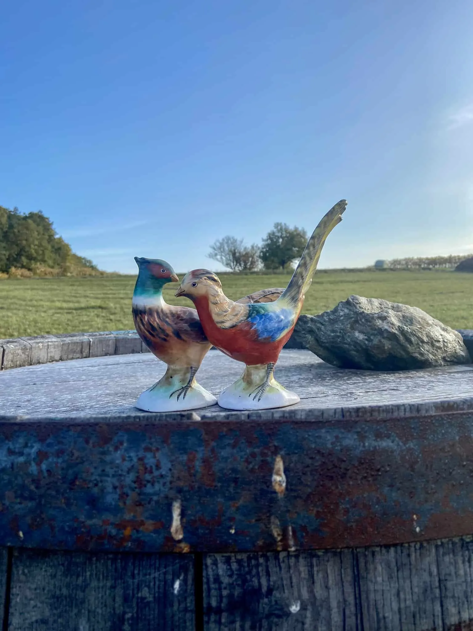 Bunte Dekofasane auf Holzfass