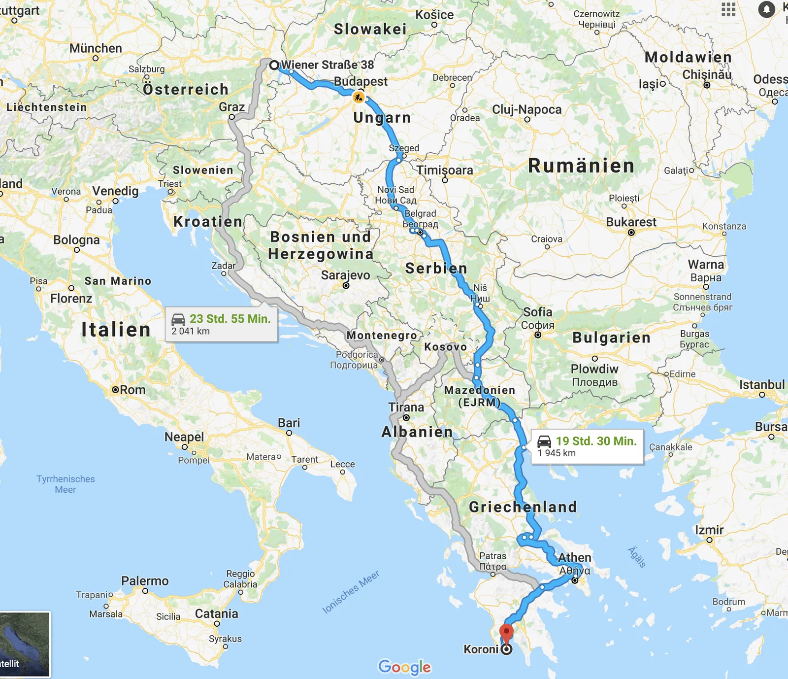 Route Wien Koroni Griechenland
