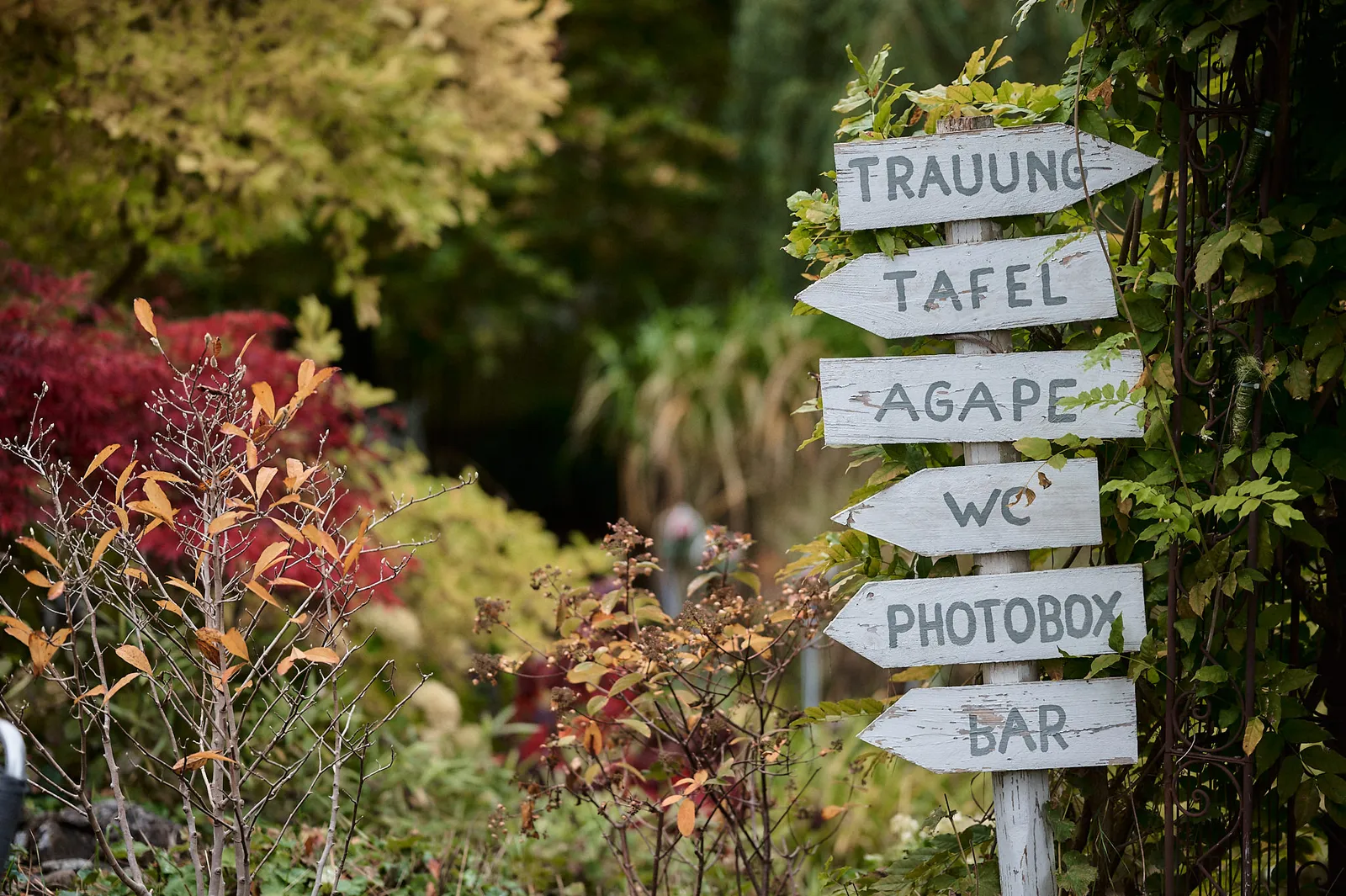 Wegweiser mit herbstlichen Garten im Hintergrund