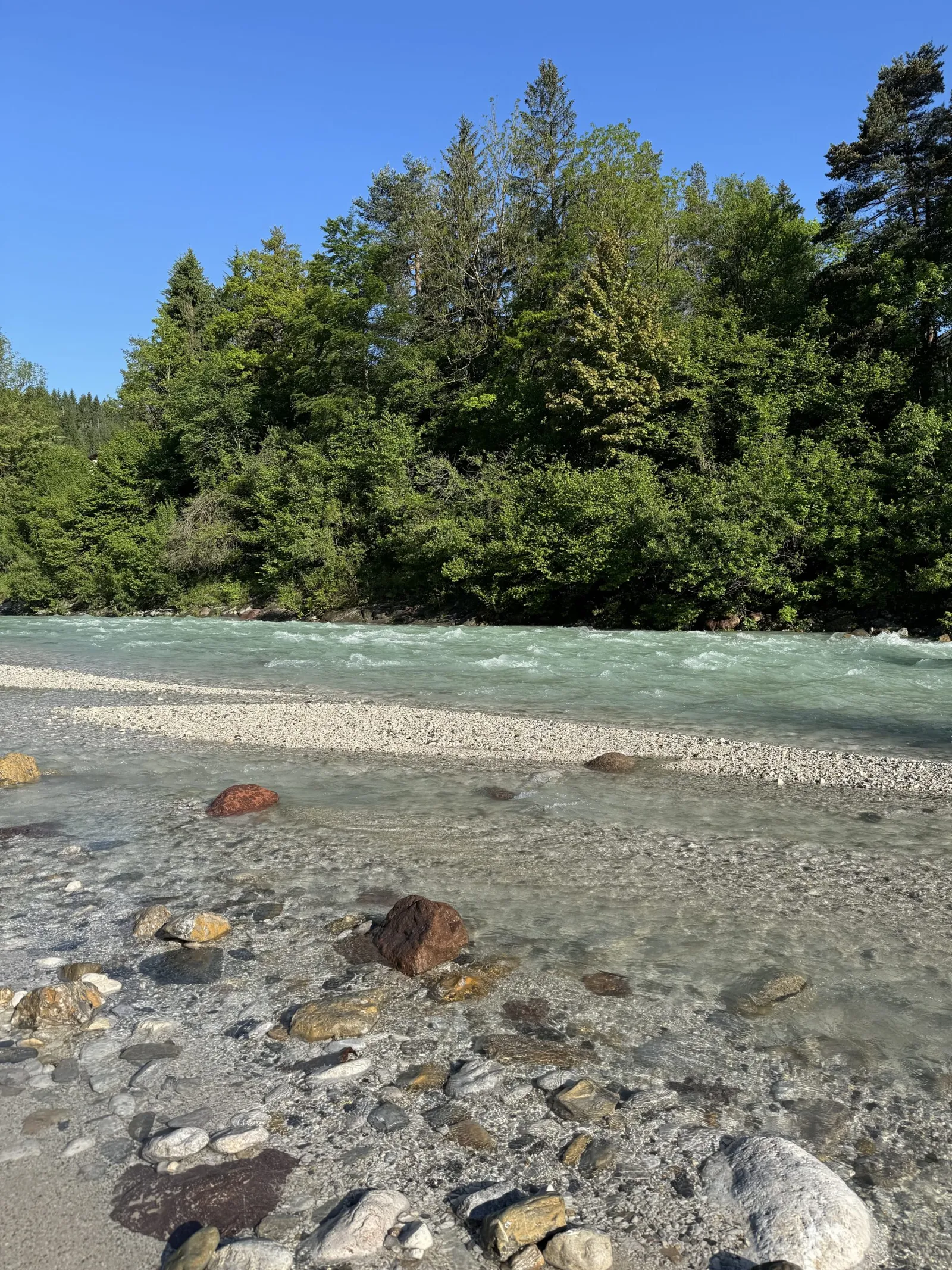 Klarer Gebirgsfluss mit Kiesufer direkt bei la LUNA delle MONTAGNE.