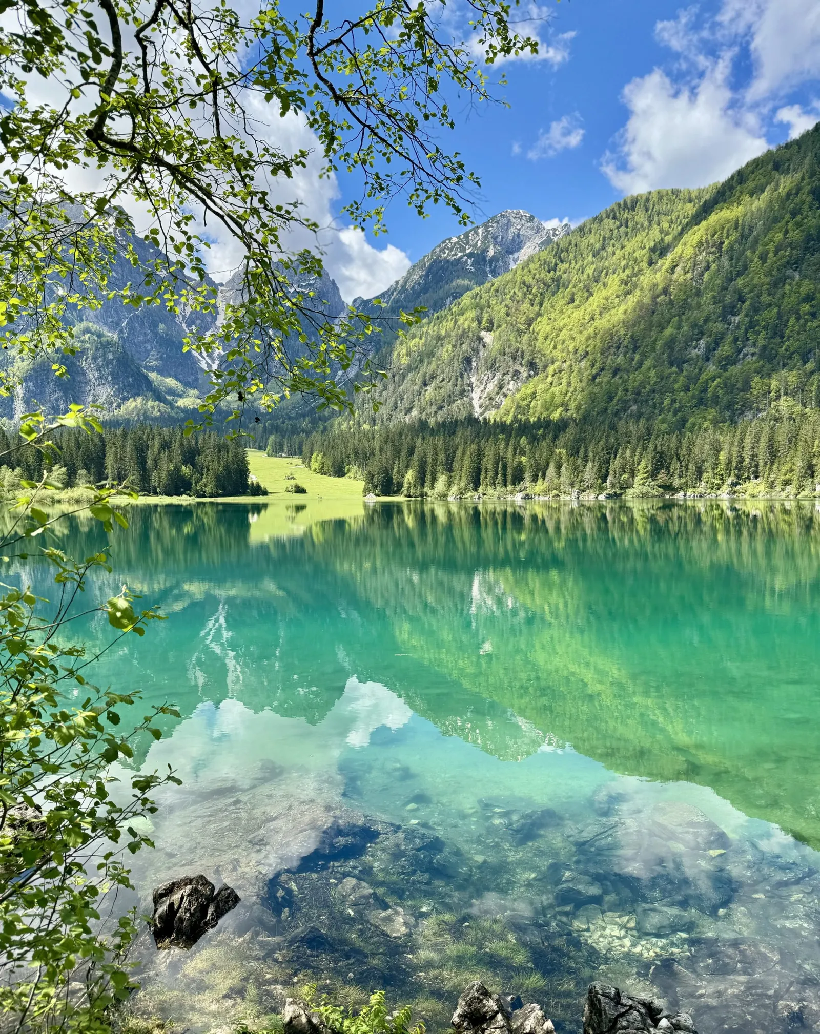 Türkisgrüner Bergsee an den Laghi di Fusine, umgeben von Nadelwald und Felsgipfeln.