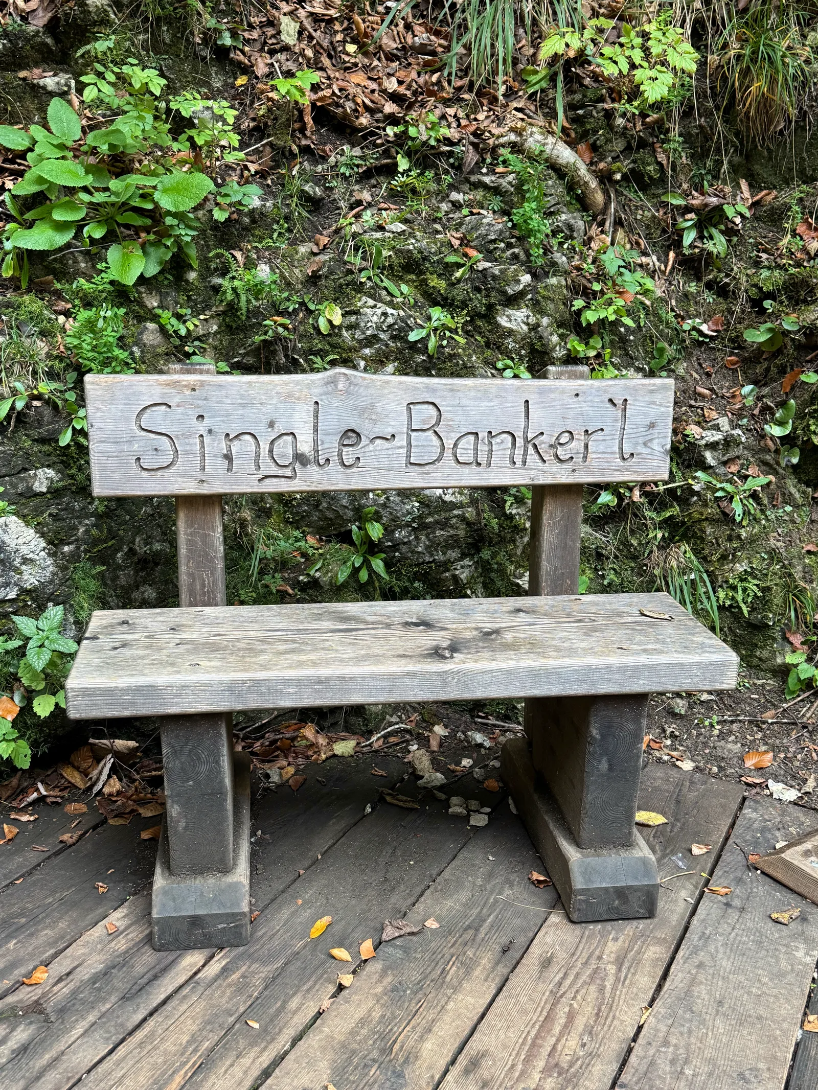 Eine kleine Holzbank mit der Aufschrift „Single-Bankerl" vor einer bemoosten Felswand.